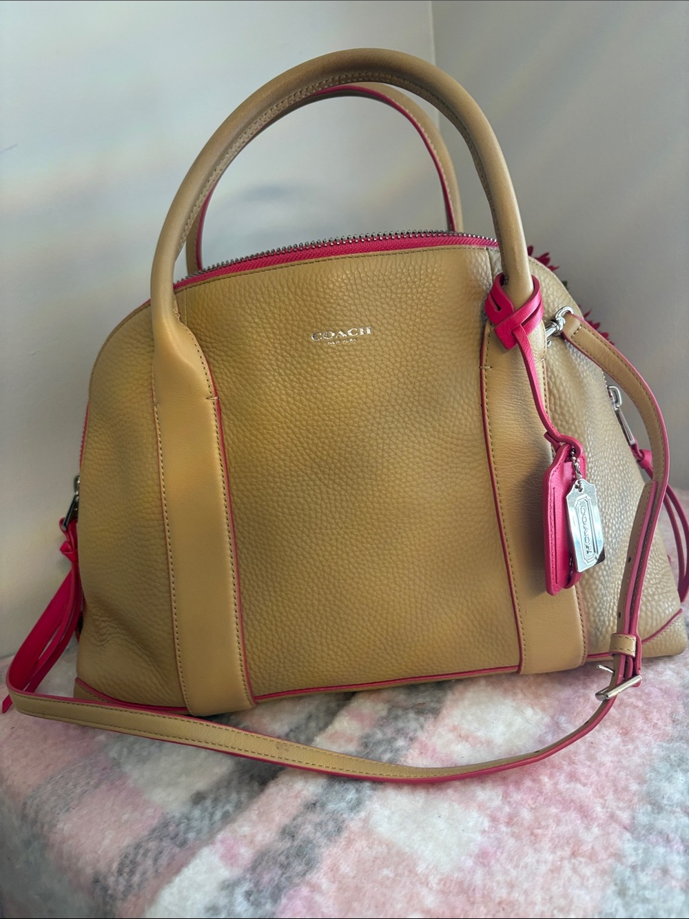 Coach Bleecker Edgepaint Preston Satchel in camel and pink